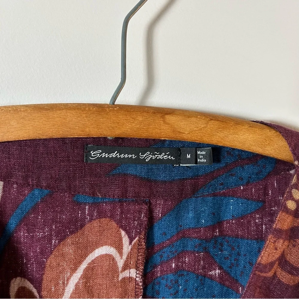 Gudrun Sjoden 100% Linen Floral Batwing Kaftan Dress Womens M Burgundy - Picture 2 of 5